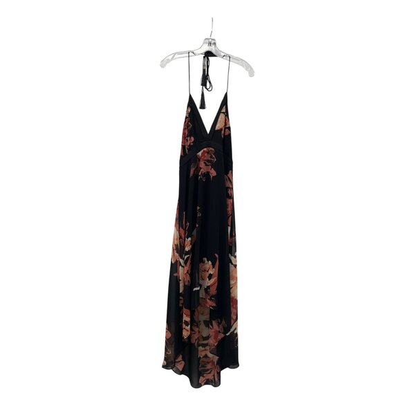 WHBM Floral Hi Low Slip Dress Halter Tie Neck Black/Multi Size 12 Tassels - Picture 1 of 8
